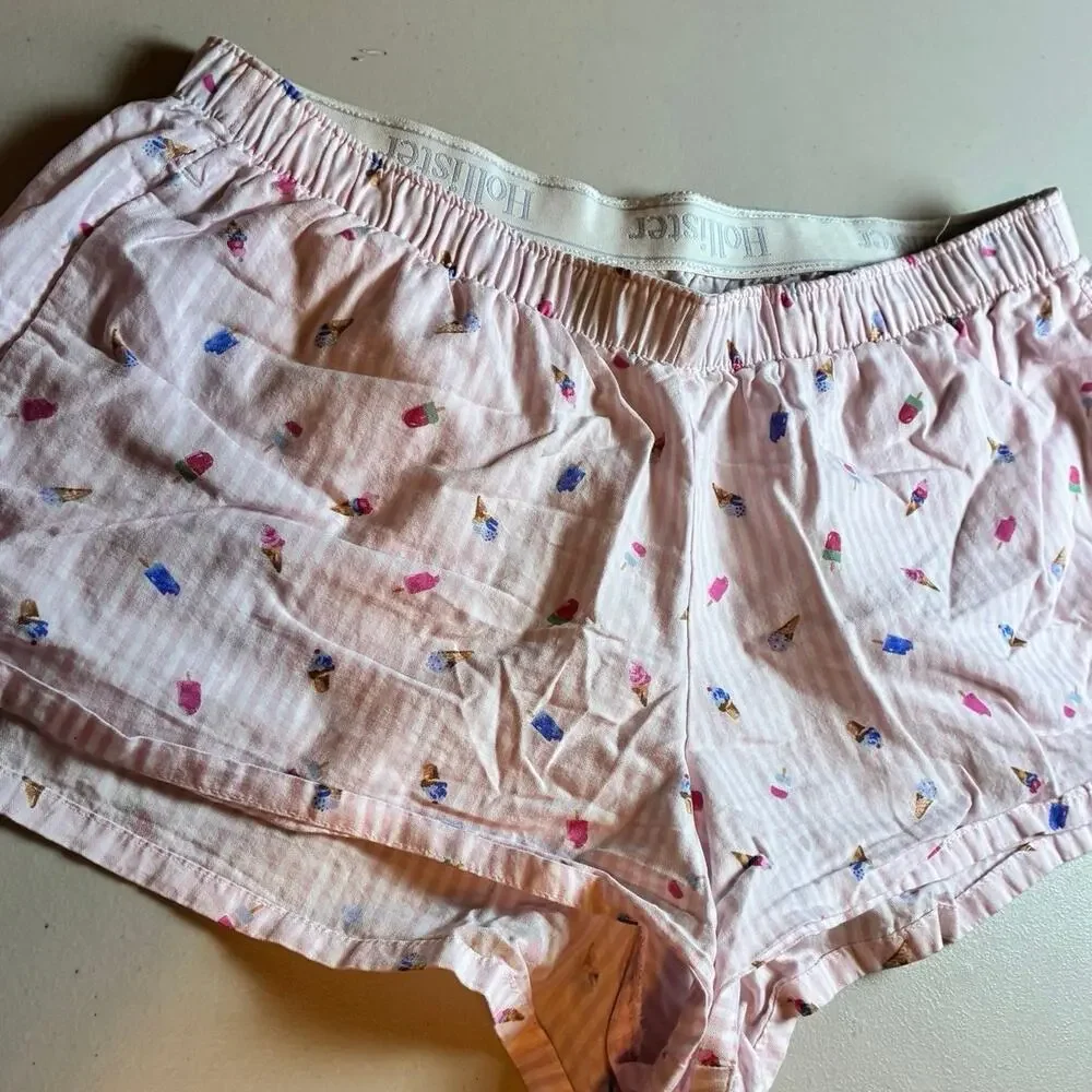 Hollister Sleep Pajama Shorts Medium Pink Ice Cream Stripe 100% Cotton Lounge